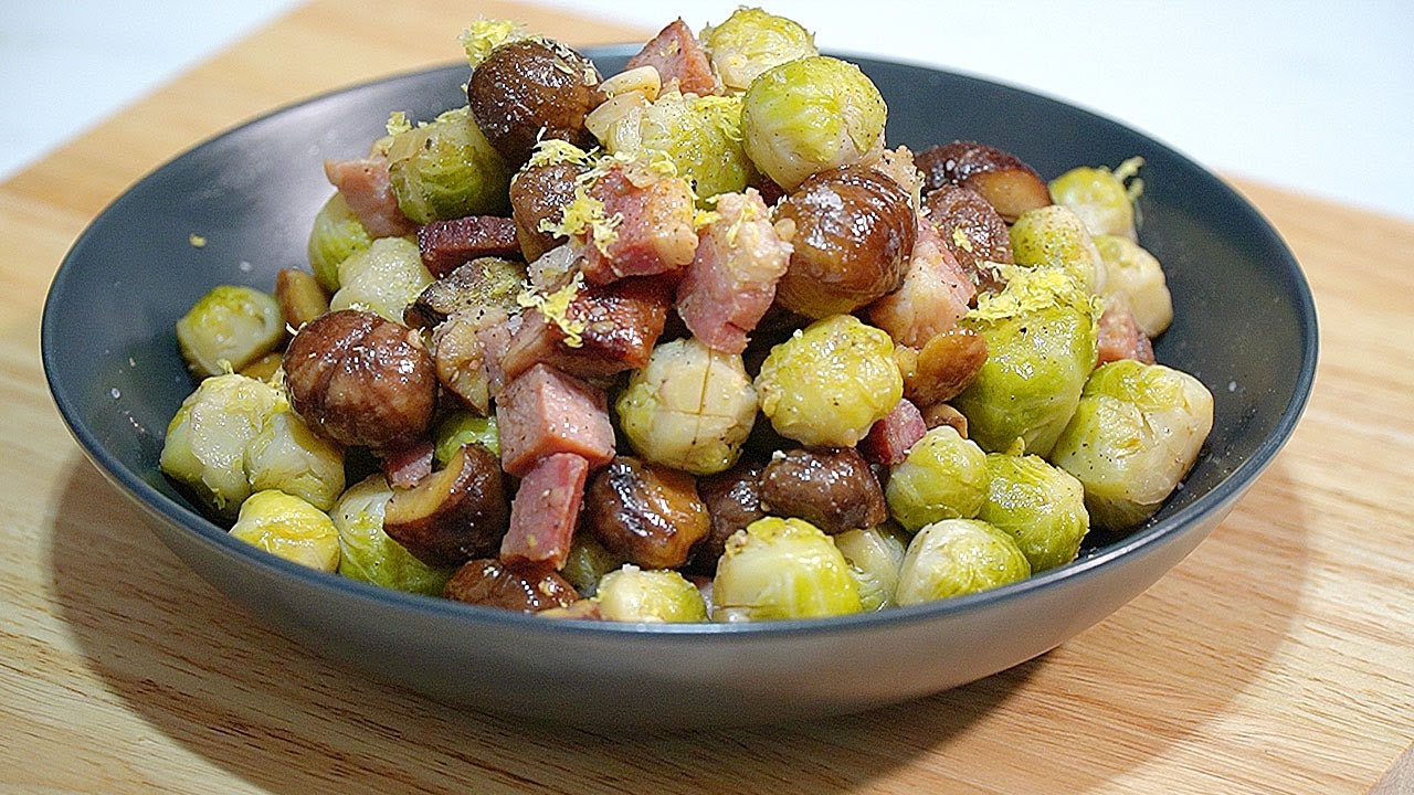 Pan Fried Brussels Sprouts, Chestnuts with Pancetta or Bacon lardons