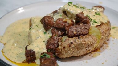 STEAK-Stuffed BAKED Potatoes with Creamy Parmesan Sauce