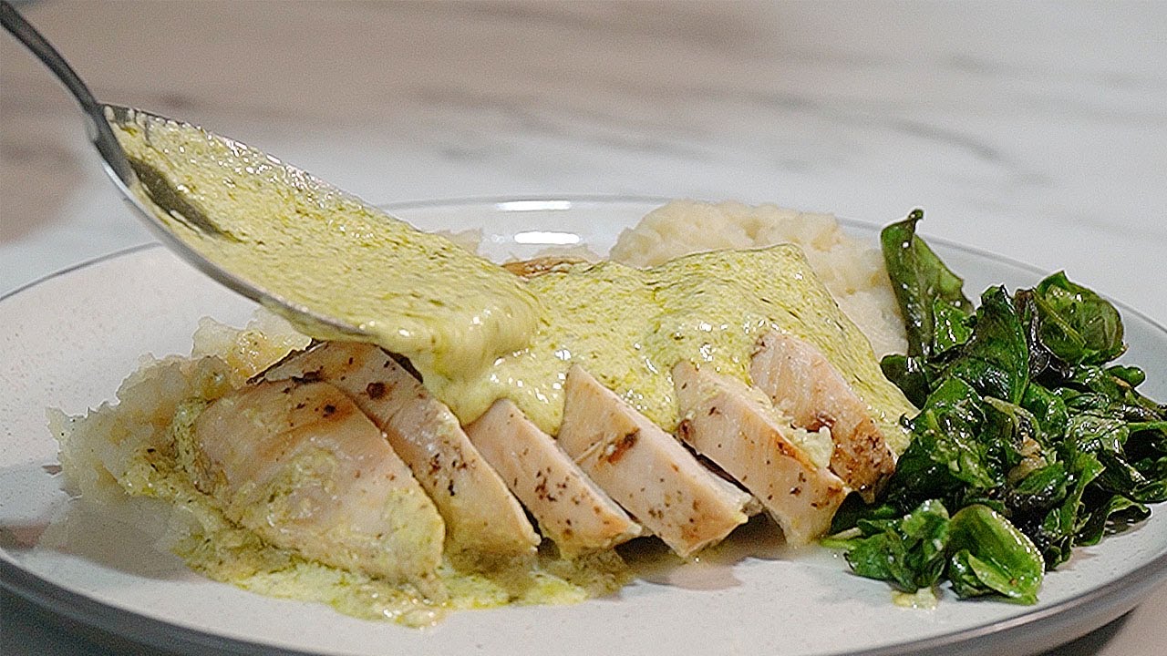 EASY Creamy Basil Pesto Parmesan CHICKEN with Mashed turnips & Wilted Cress