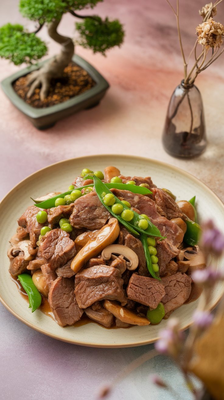 A feminine, soft-toned image showcasing a beautifully arranged plate of stir-fried beef with sweet peas and mushrooms. The focus should be on the dish, making it appetizing and visually appealing. The background should have subtle, gentle elements related to the blog, like a small bonsai tree in a shallow pot or a few dried flowers in a vase. Avoid a cluttered or overly busy background.