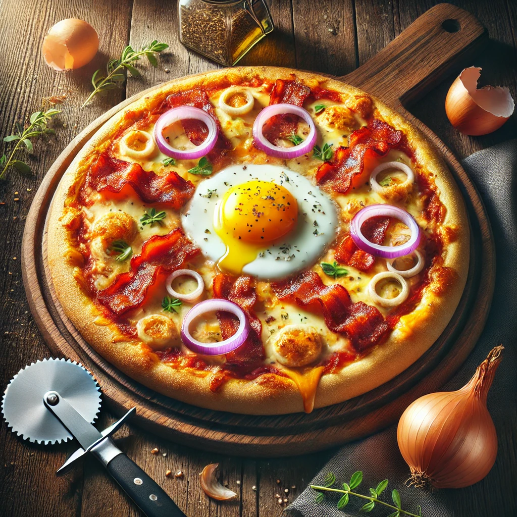 The Aussie Pizza is a mouthwatering fusion of flavors that brings together the best of two culinary worlds: hearty breakfast classics and cheesy pizza perfection. This isn’t your typical pizza—it’s a customizable delight that’s perfect for weeknight dinners, brunches, or even casual gatherings. The secret? A perfectly cooked egg nestled in the center of a savory mix of bacon, onions, and cheese.