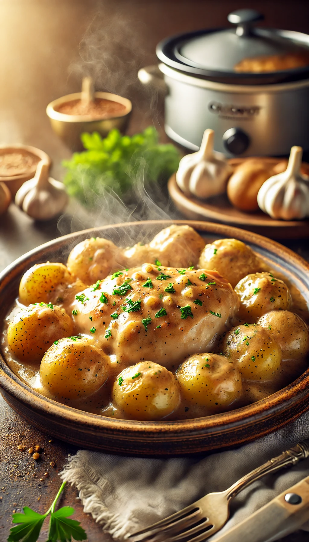  With the Crockpot Garlic Parmesan Chicken and Potatoes recipe, you can enjoy a hearty, flavorful meal with minimal effort. This dish combines tender, juicy chicken with perfectly cooked potatoes, all enveloped in a rich, garlicky Parmesan sauce.