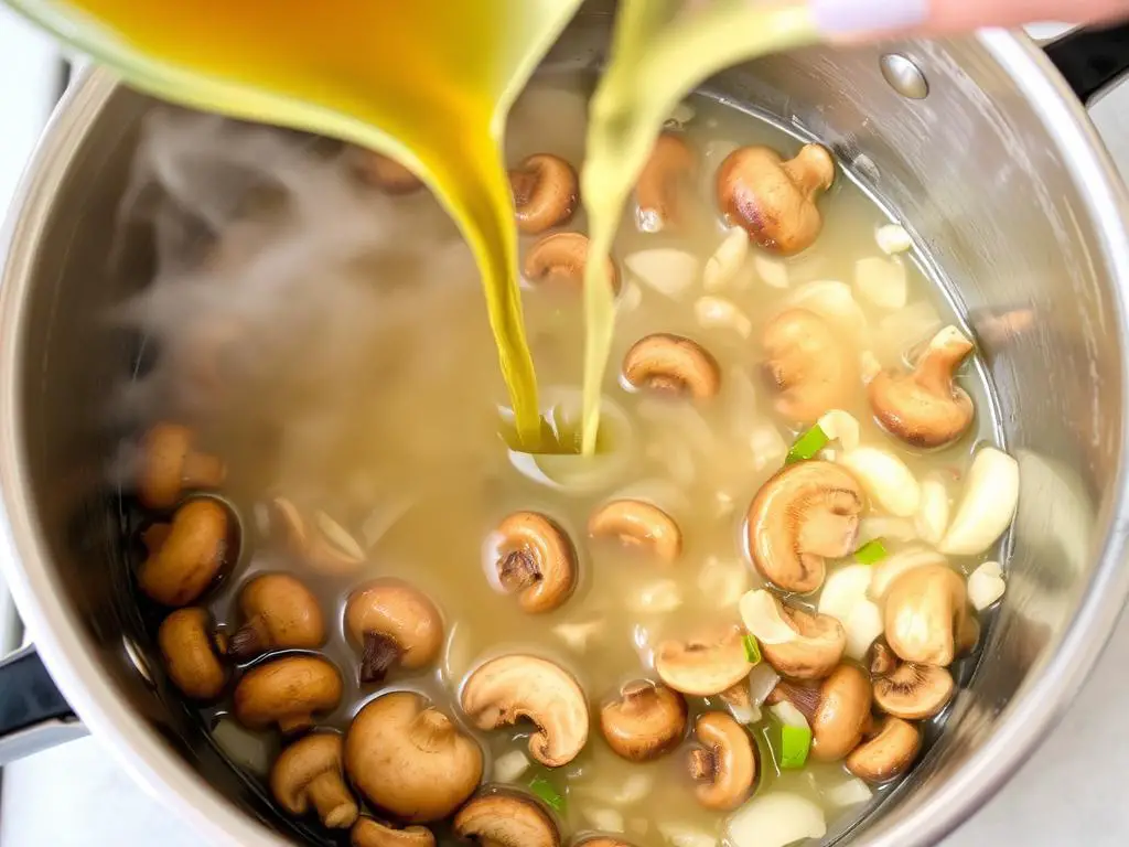 Adding broth to mushroom mixture for Creamy Mushroom White Bean Stew