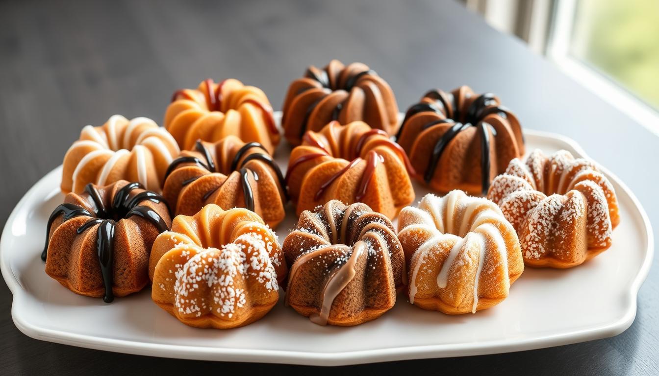 Assortment of colorful mini bundt cakes on a serving platter