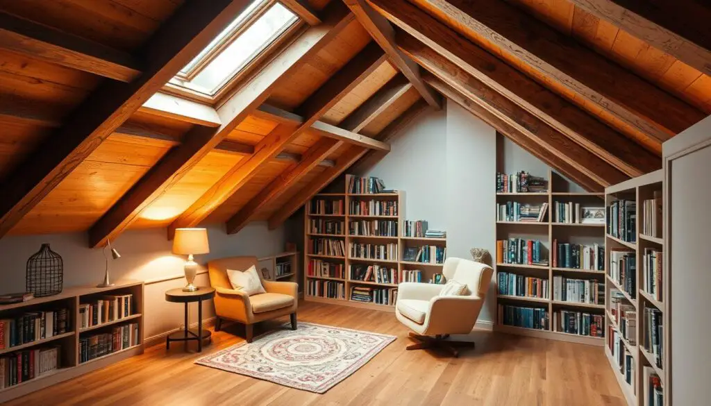 Attic library with sloped ceiling bookshelves Attic library with sloped ceiling bookshelves
