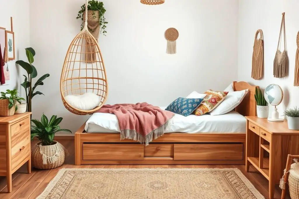 Bohemian bedroom featuring a platform bed with storage, hanging chair, and natural wood elements
