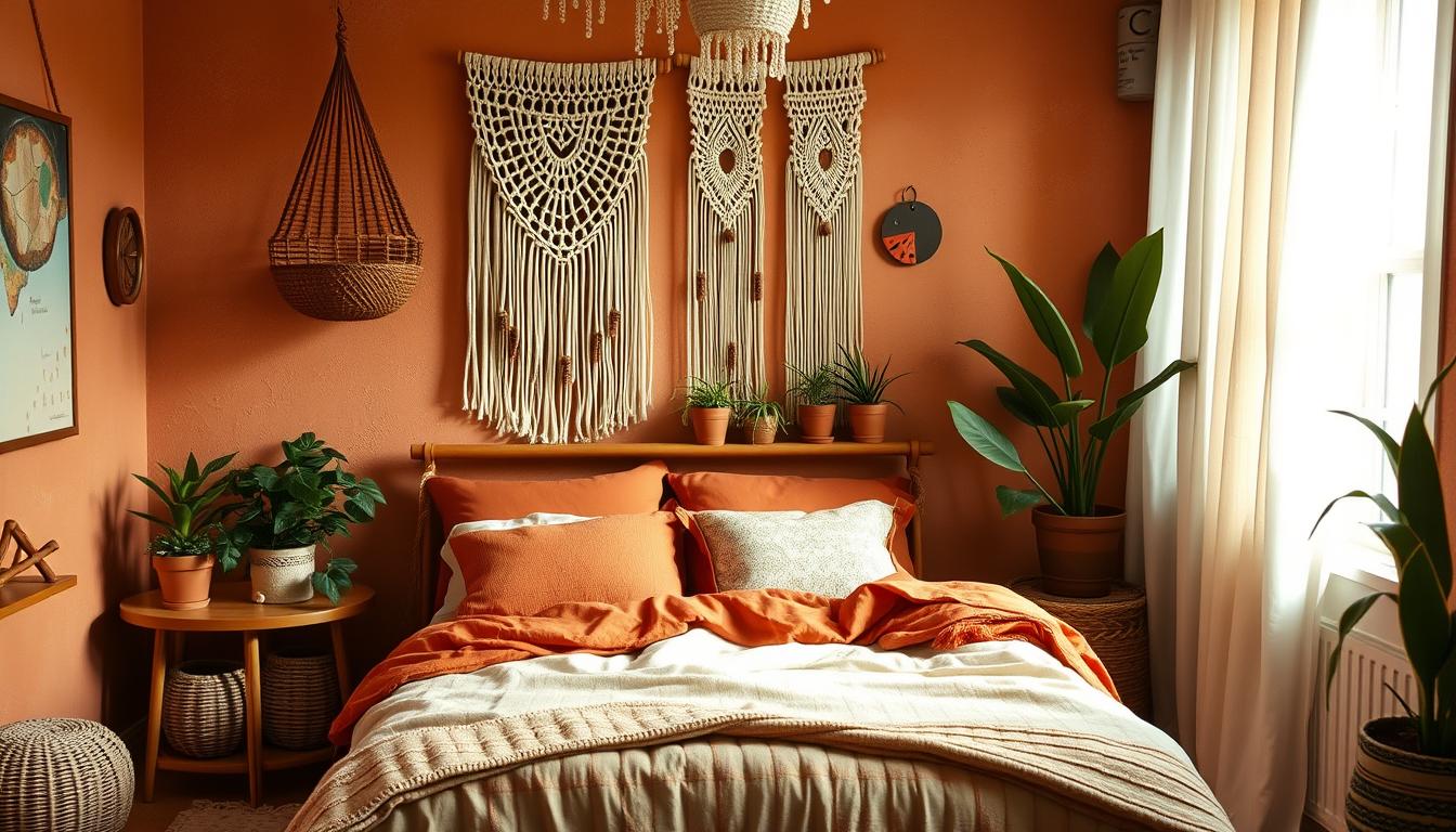 Bohemian bedroom for teen girls with warm earth tones and natural textures