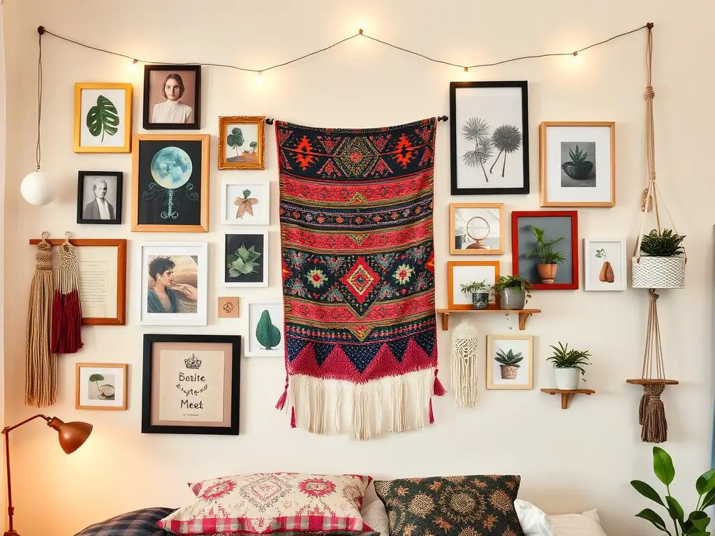 Bohemian bedroom wall featuring a gallery wall with mixed frames, tapestries, and plants