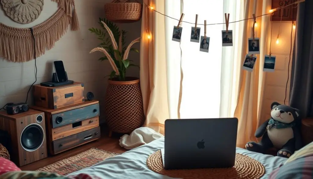 Bohemian bedroom with cleverly integrated technology including a hidden charging station and vintage-style speakers