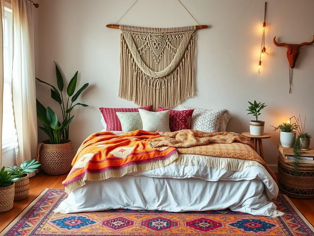 Bohemian bedroom with layered textiles including macramé wall hanging, patterned throw pillows, and a colorful area rug