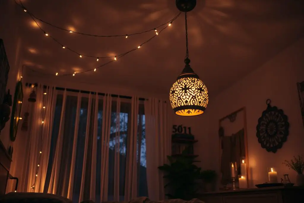 Bohemian bedroom with string lights, Moroccan lanterns, and natural light through sheer curtains
