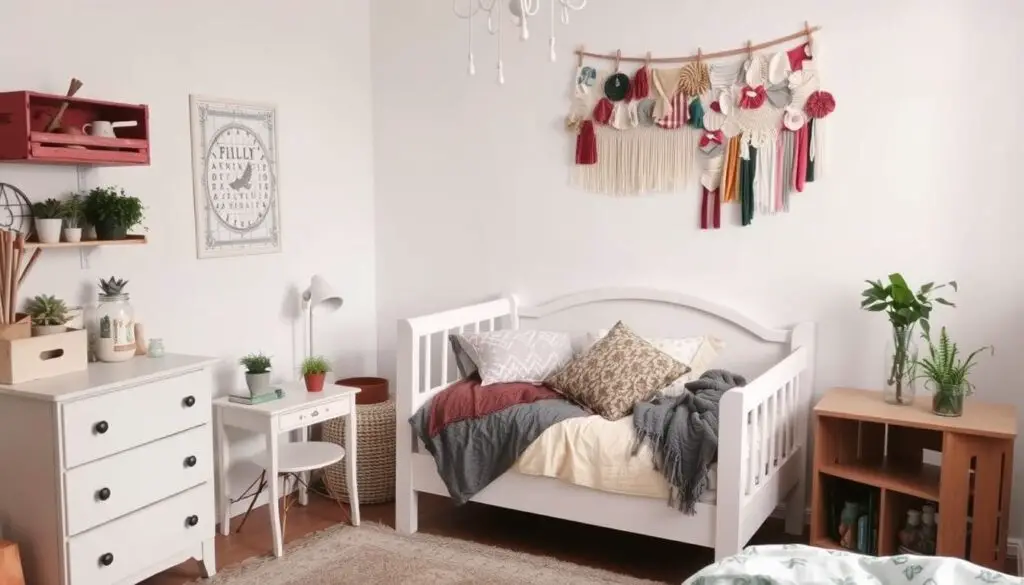 Budget-friendly bohemian bedroom with thrifted furniture, repurposed items, and DIY decor