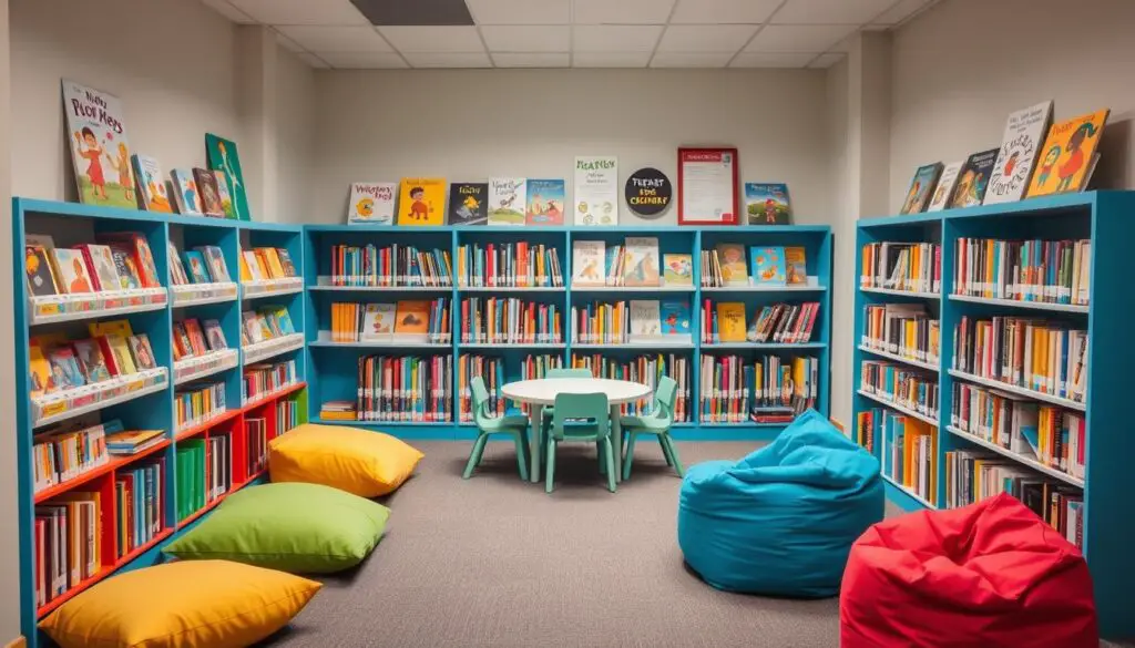 Children's library corner with colorful shelves and seating Children's library corner with colorful shelves and seating
