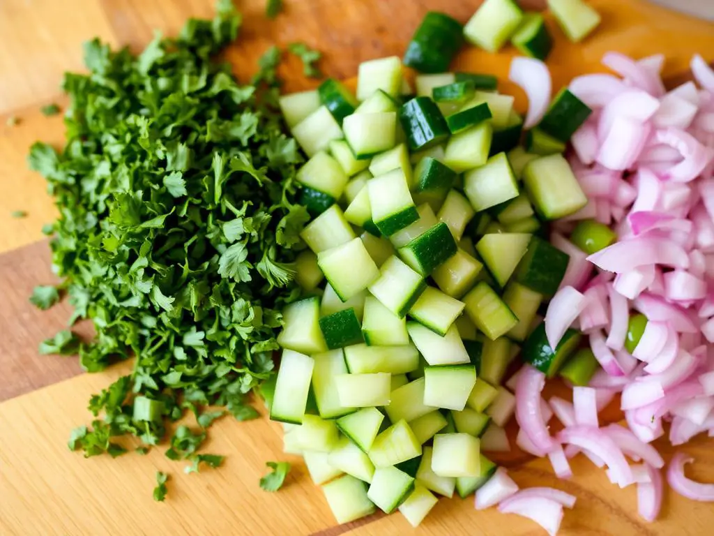 Chopped fresh herbs and vegetables for Jennifer Aniston salad recipe Chopped fresh herbs and vegetables for Jennifer Aniston salad recipe