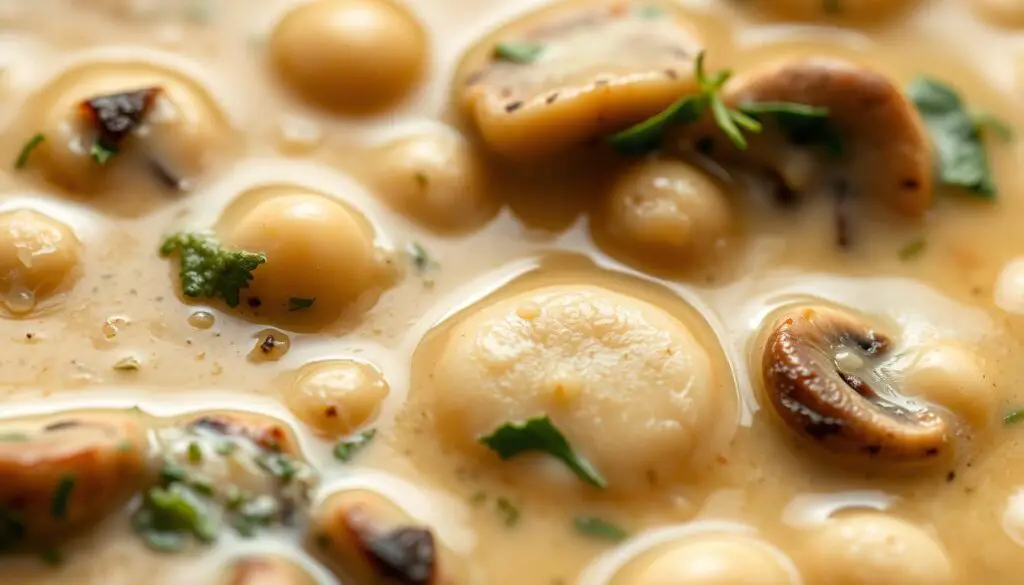 Close-up of creamy texture in Mushroom White Bean Stew