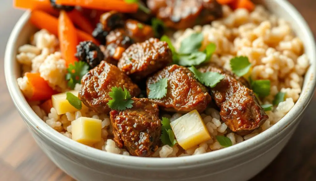 Close-up of nutritious components in a BBQ Korean Steak Rice Bowl Close-up of nutritious components in a BBQ Korean Steak Rice Bowl