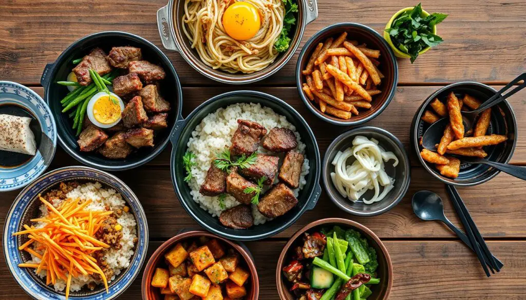 Collection of Korean dishes including BBQ Korean Steak Rice Bowl
