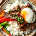 Colorful BBQ Korean Steak Rice Bowl with marinated beef, vegetables, and sauce
