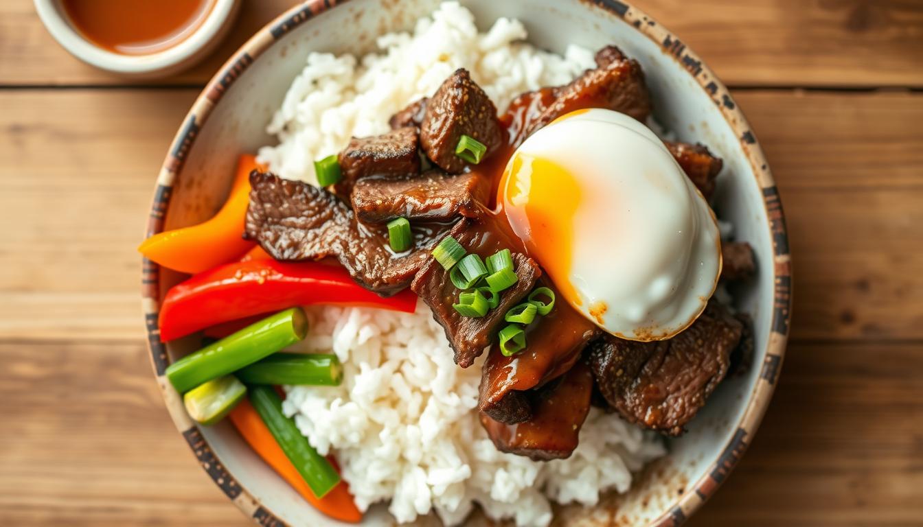 Colorful BBQ Korean Steak Rice Bowl with marinated beef, vegetables, and sauce