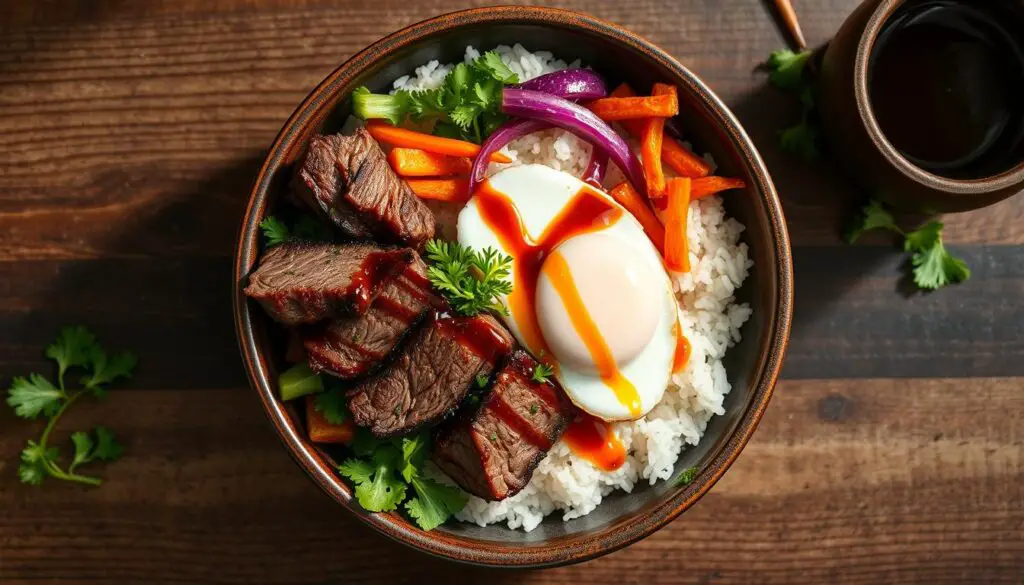 Completed BBQ Korean Steak Rice Bowl ready to eat Completed BBQ Korean Steak Rice Bowl ready to eat