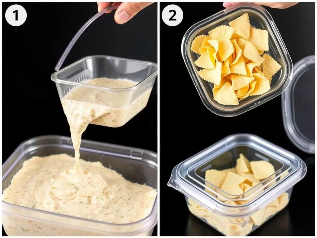 Crab Rangoon Dip being stored in containers Crab Rangoon Dip being stored in containers