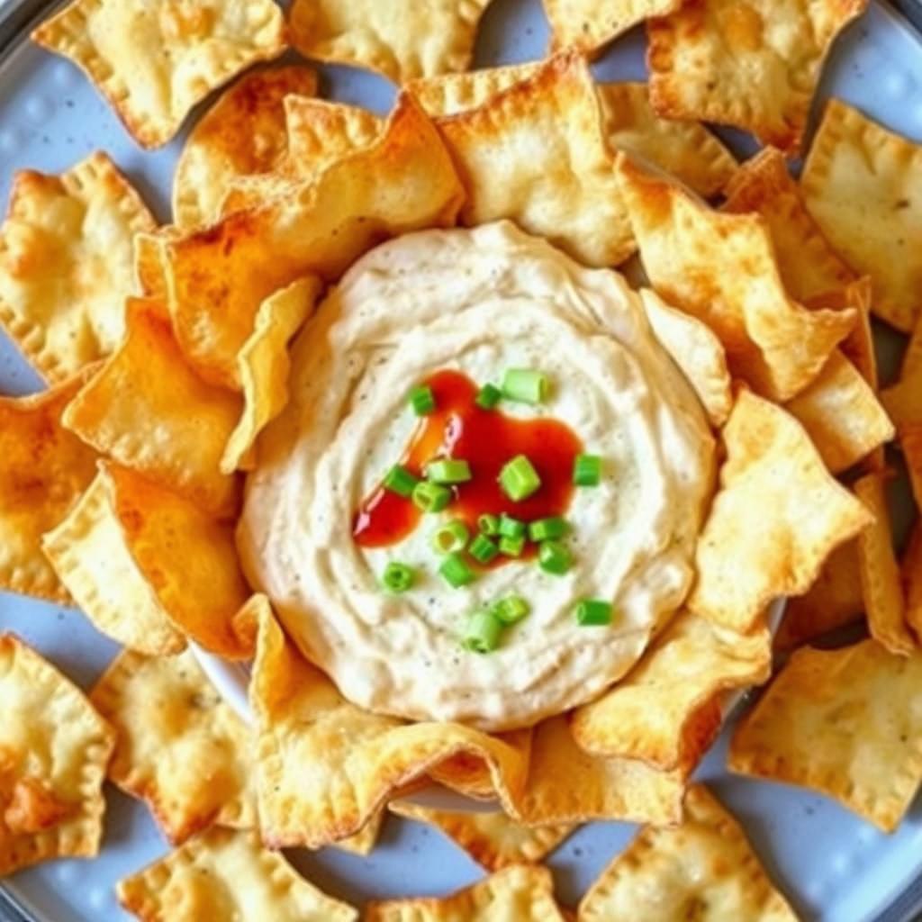 Crab Rangoon Dip with baked wonton chips Crab Rangoon Dip with baked wonton chips