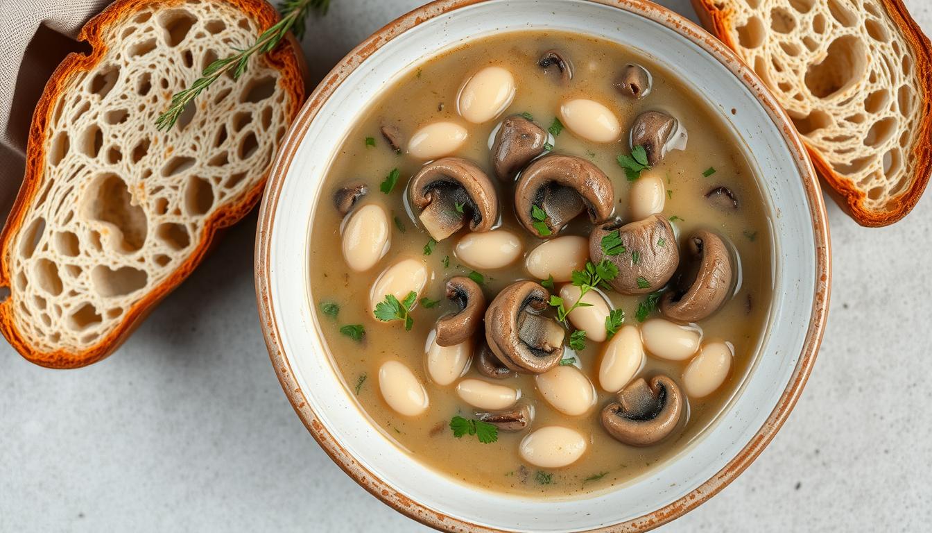 Creamy Mushroom White Bean Stew in a bowl with crusty bread on the side