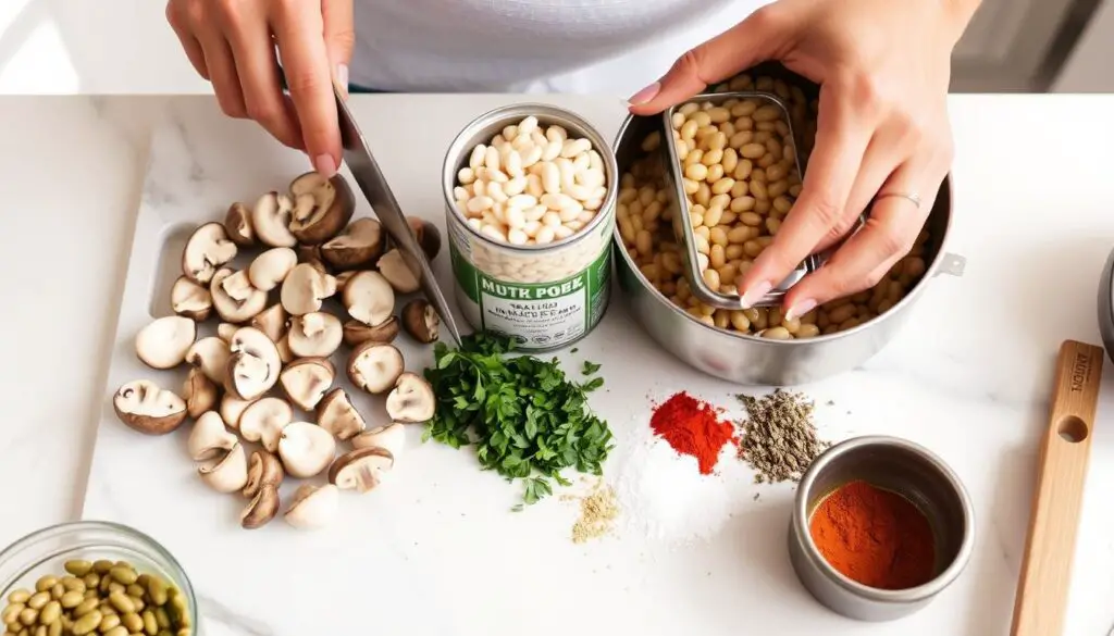 Creamy Mushroom White Bean Stew ingredients being prepared
