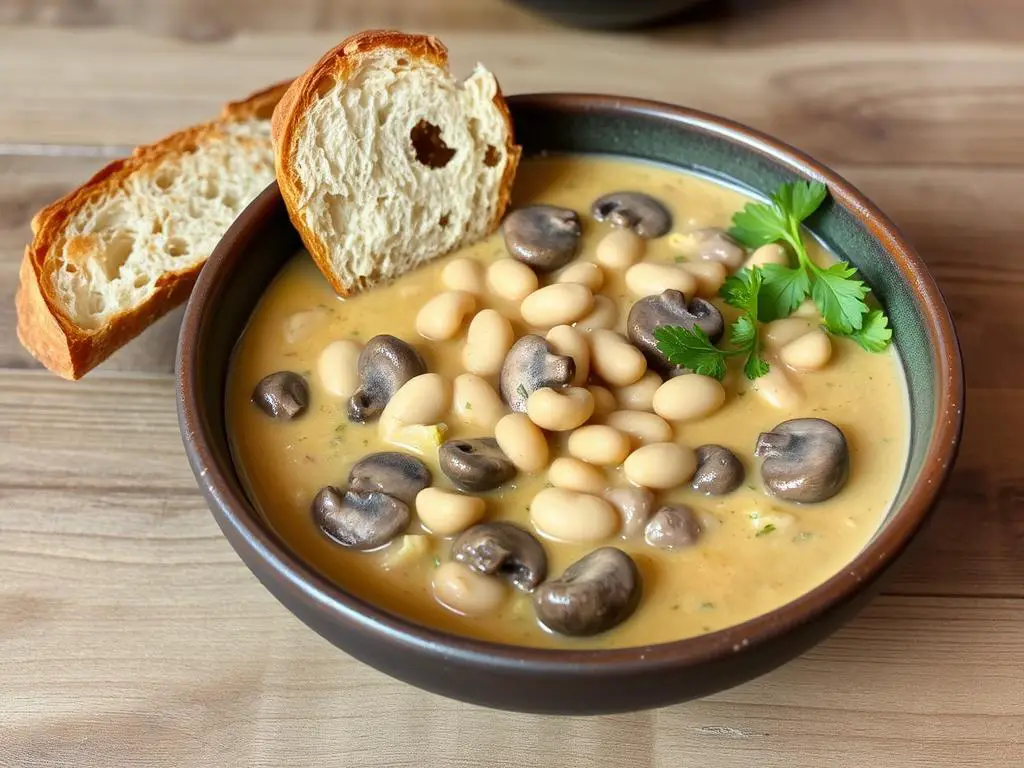 Creamy Mushroom White Bean Stew served with crusty bread and salad