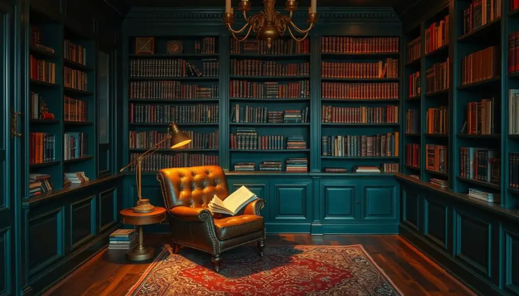 Dark moody library with deep green walls and brass accents Dark moody library with deep green walls and brass accents