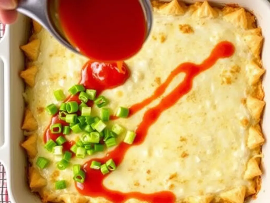 Finished Crab Rangoon Dip topped with sweet chili sauce Finished Crab Rangoon Dip topped with sweet chili sauce