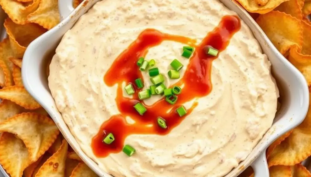 Finished Crab Rangoon Dip with wonton chips ready to serve Finished Crab Rangoon Dip with wonton chips ready to serve
