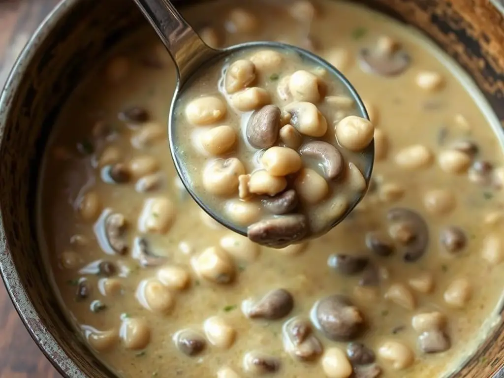 Finished Creamy Mushroom White Bean Stew being served