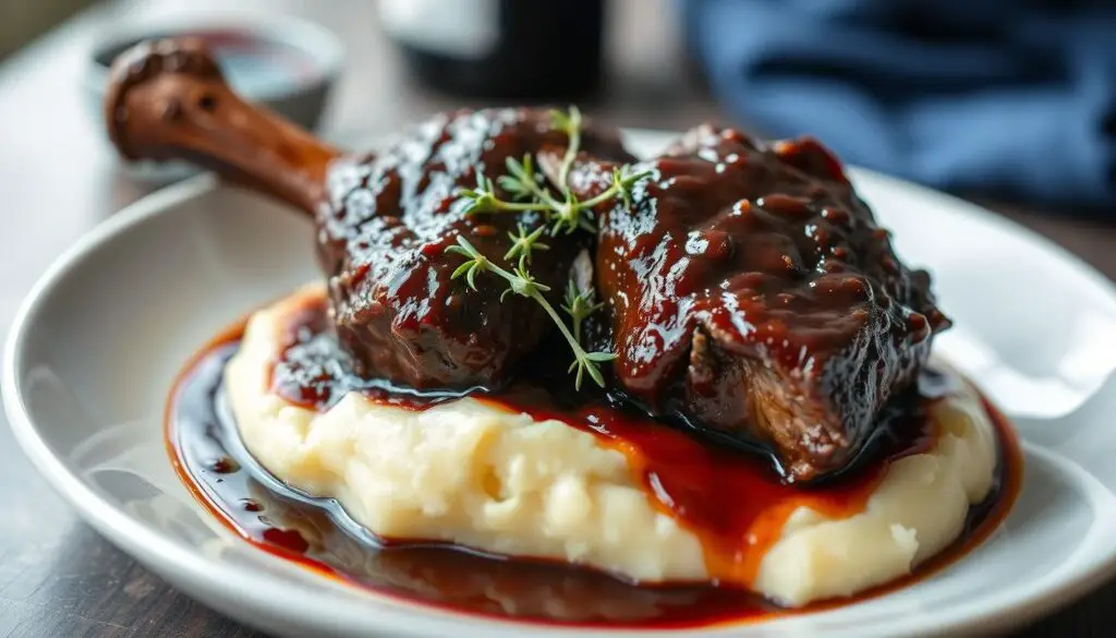 Finished plate of red wine braised short ribs served over mashed potatoes with sauce