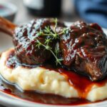 Finished plate of red wine braised short ribs served over mashed potatoes with sauce