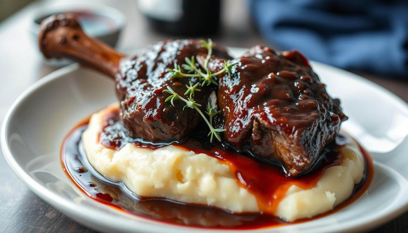 Finished plate of red wine braised short ribs served over mashed potatoes with sauce