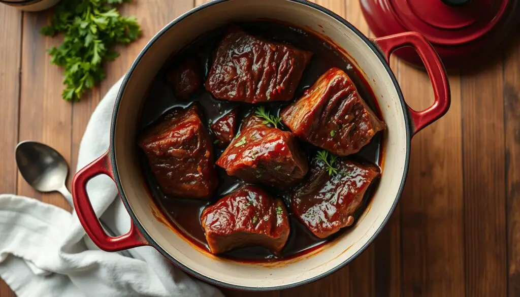 Finished red wine braised short ribs in a Dutch oven ready to serve