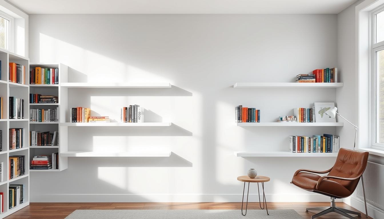 Floating shelves modern home library with minimalist furniture