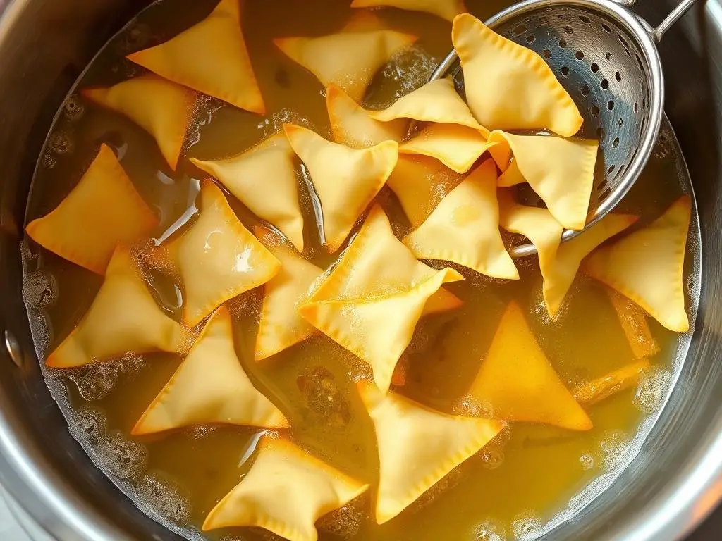 Frying wonton chips for Crab Rangoon Dip Frying wonton chips for Crab Rangoon Dip