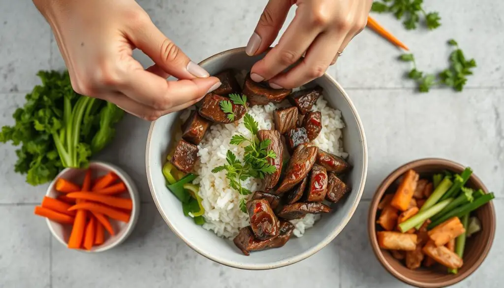 Hands assembling a BBQ Korean Steak Rice Bowl with various components Hands assembling a BBQ Korean Steak Rice Bowl with various components