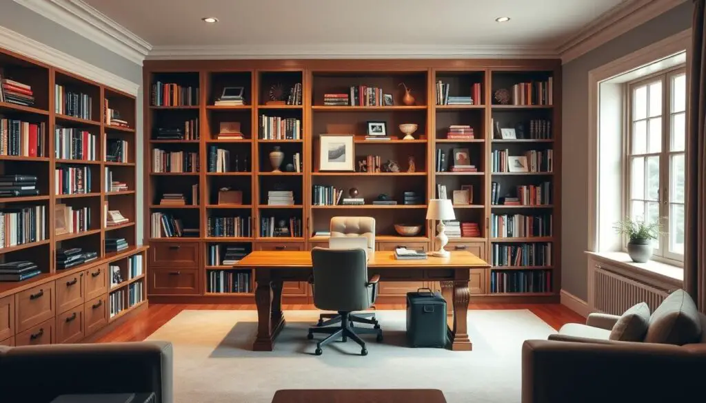 Home office library combination with desk and bookshelves Home office library combination with desk and bookshelves