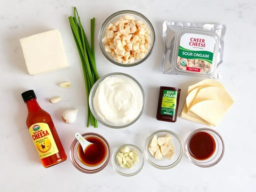 Ingredients for Crab Rangoon Dip laid out on a counter Ingredients for Crab Rangoon Dip laid out on a counter