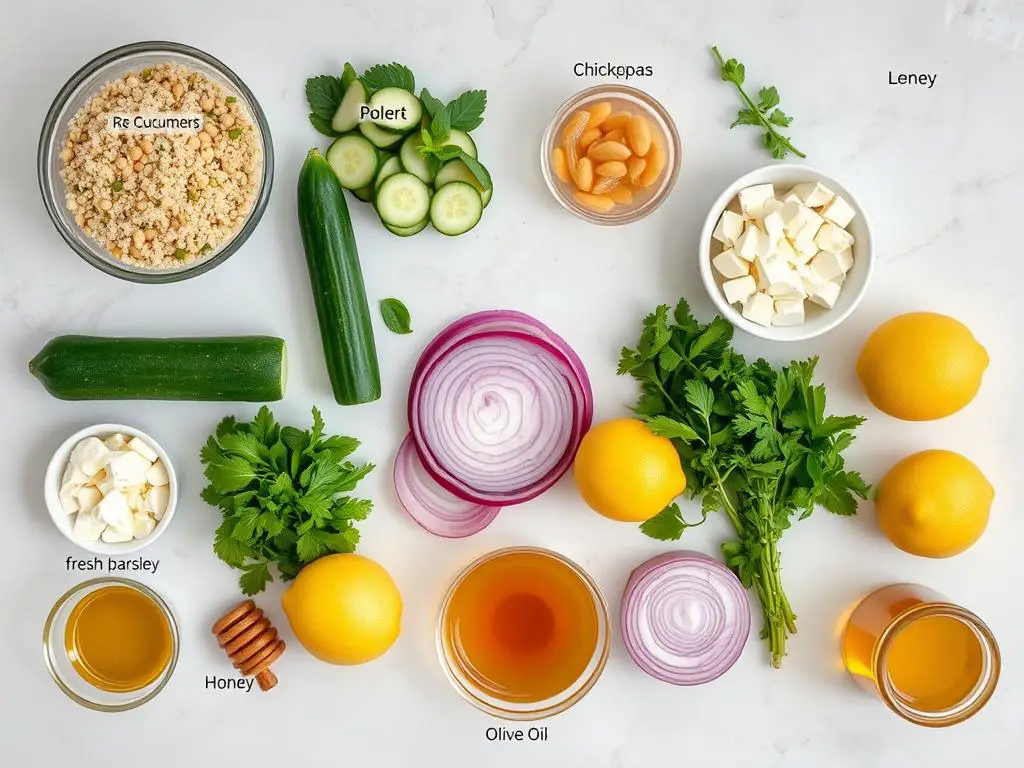 Jennifer Aniston salad ingredients laid out on a kitchen counter Jennifer Aniston salad ingredients laid out on a kitchen counter