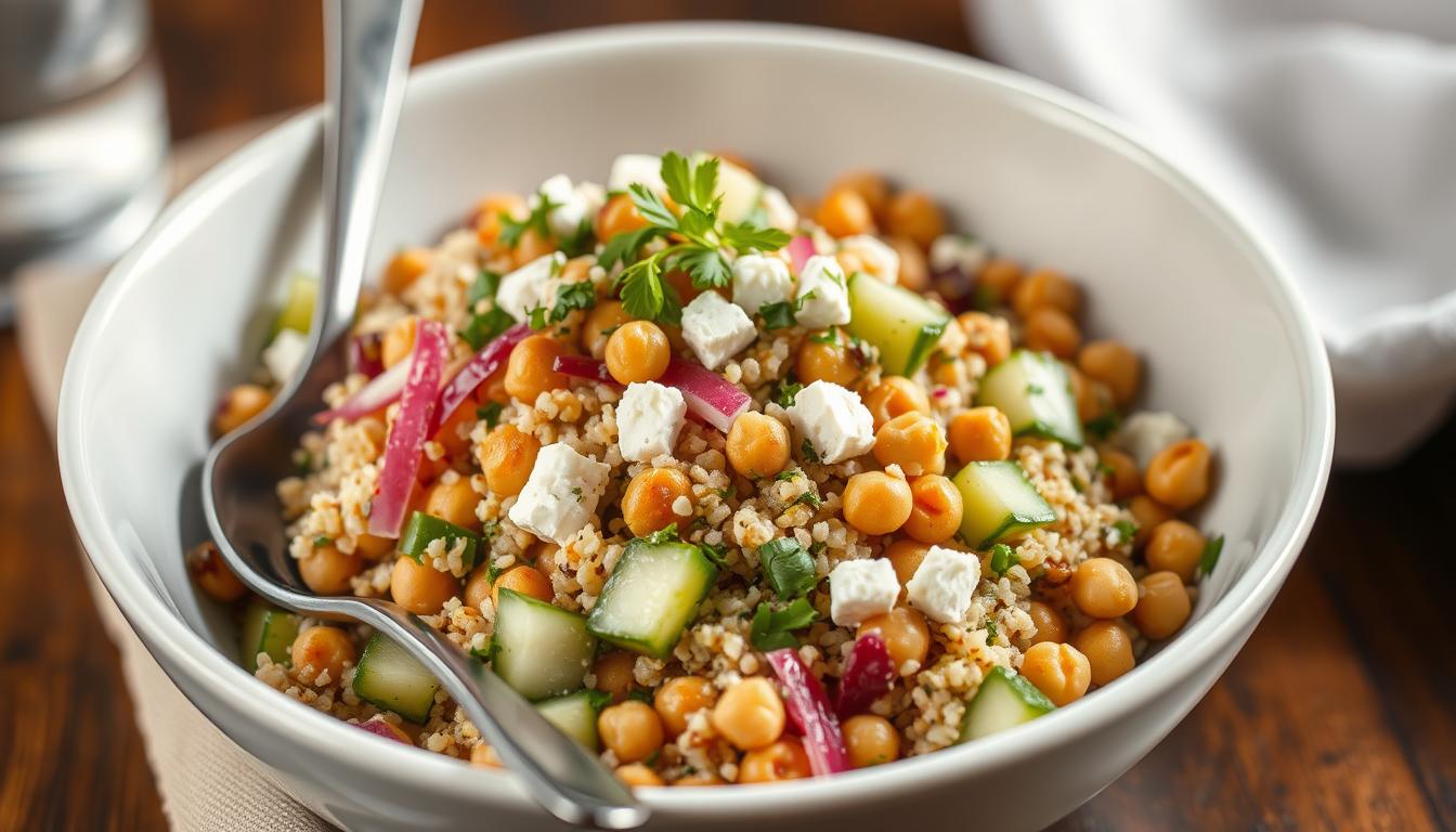 Jennifer Aniston salad recipe in a white bowl with quinoa, chickpeas, cucumber, and herbs