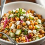 Jennifer Aniston salad recipe in a white bowl with quinoa, chickpeas, cucumber, and herbs