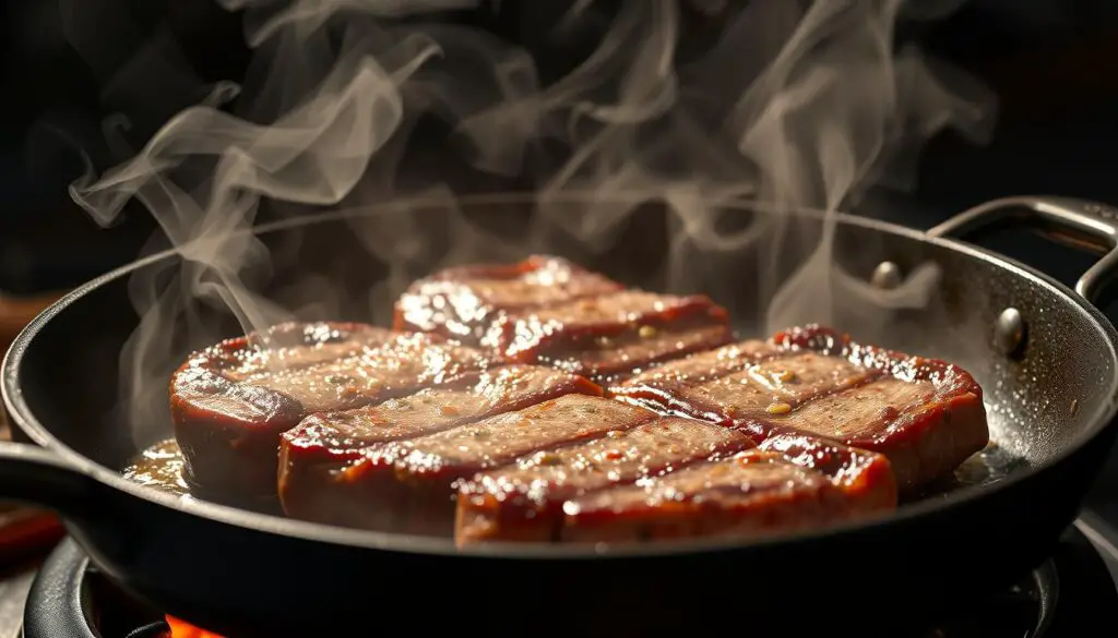 Korean BBQ steak being cooked in a hot pan with steam and sizzle Korean BBQ steak being cooked in a hot pan with steam and sizzle