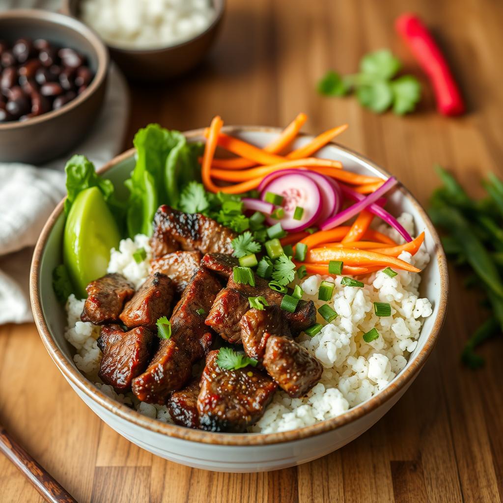 Low-carb BBQ Korean Steak Bowl with cauliflower rice Low-carb BBQ Korean Steak Bowl with cauliflower rice