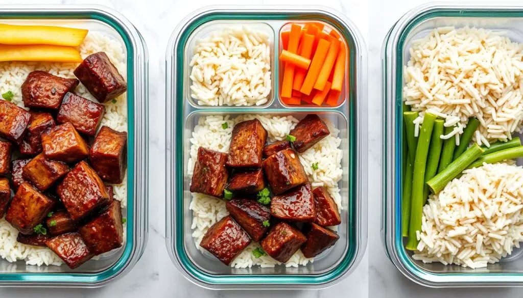 Meal prep containers with BBQ Korean Steak Rice Bowl components Meal prep containers with BBQ Korean Steak Rice Bowl components