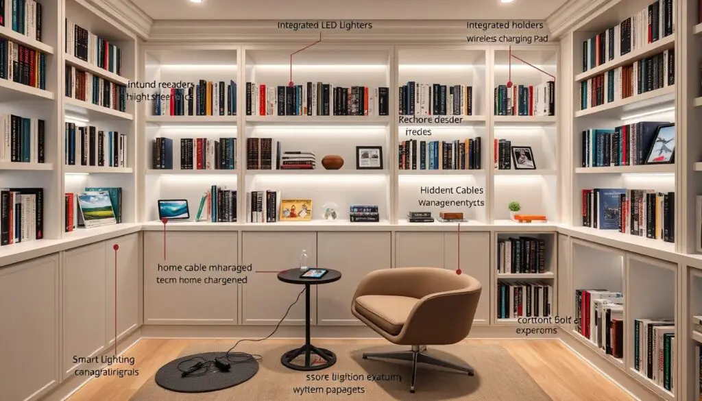 Modern library with integrated technology and charging stations Modern library with integrated technology and charging stations
