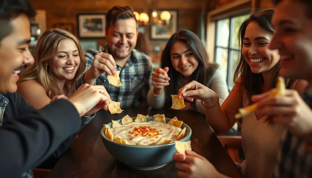 People enjoying Crab Rangoon Dip at a gathering People enjoying Crab Rangoon Dip at a gathering